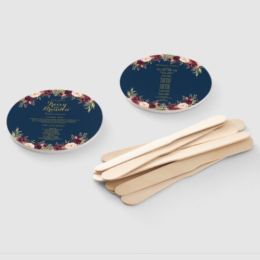 ブルゴーニュフローラネイビーブルー金ゴールド結婚式 プログラム ハンドファン (組立なし)