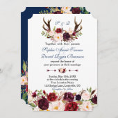 ブルゴーニュフローラネイビーブルー〔雄ジカの〕枝角モノグラム結婚ズ 招待状 (正面/裏面)