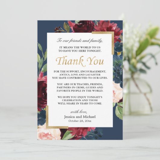 ブルゴーニュフローラネイビー結婚ブルーズプレイスセッティング サンキューカード (スタンド正面)