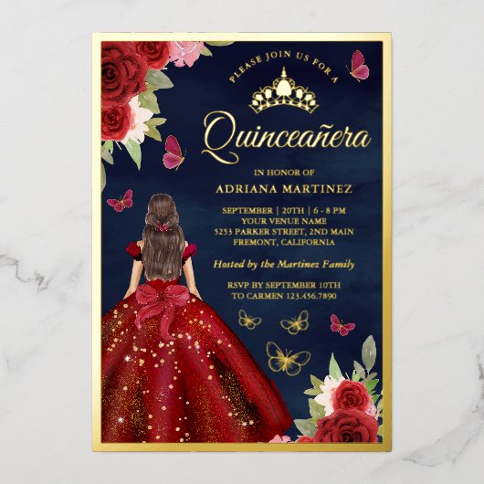 ブルゴーニュフローラバタフライネイビーキンセアニェラ金ゴールド 箔招待状 (正面)