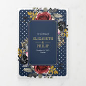 ブルゴーニュフローラバラオールインワンネイビーブルー結婚ズ 三つ折り招待状 (カバー)