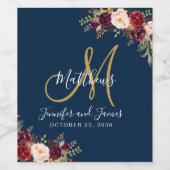 ブルゴーニュフローラバラネイビーブルーモノグラム結婚ズ ワインラベル (シングルラベル)