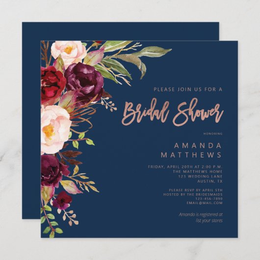 ブルゴーニュフローラバラ金ゴールドネイビーブルーブライダルシャワー 招待状 (正面/裏面)