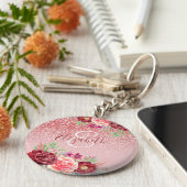 ブルゴーニュフローラバラ金ゴールドパーソナライズされたグリッター キーホルダー (側面)