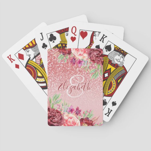 ブルゴーニュフローラバラ金ゴールドパーソナライズされたグリッター トランプ (裏面)