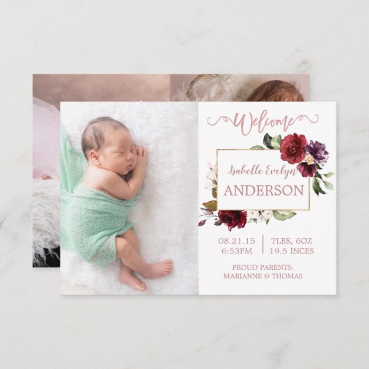 ブルゴーニュフローラバラ金ゴールド写真誕生のお知らせ 案内状 (正面/裏面)