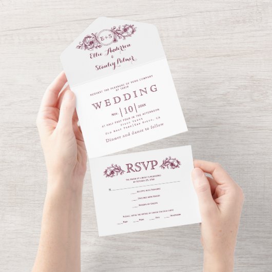 ブルゴーニュフローラフレームイニシャル結婚白 オールインワン招待状 (貼ってはがせる)