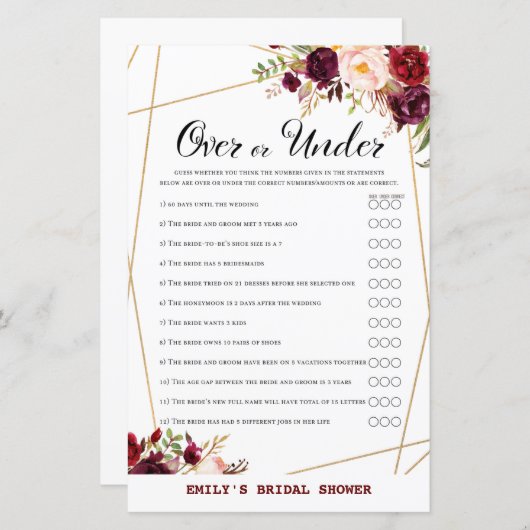 ブルゴーニュフローラブライダルシャワーゲーム，ウェディングシャワー (正面/裏面)