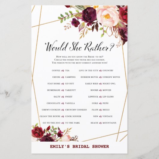 ブルゴーニュフローラブライダルシャワーゲーム，ウェディングシャワー (正面)