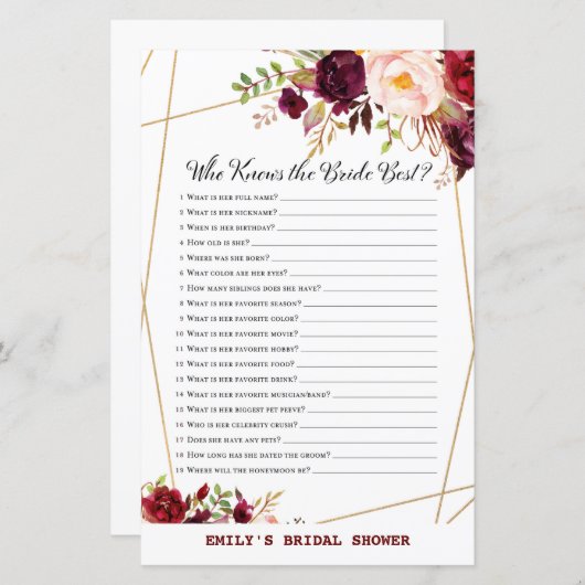 ブルゴーニュフローラブライダルシャワーゲーム，ウェディングシャワー (正面/裏面)