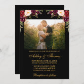 ブルゴーニュフローラブラック結婚金ゴールドの写真 招待状 (正面/裏面)