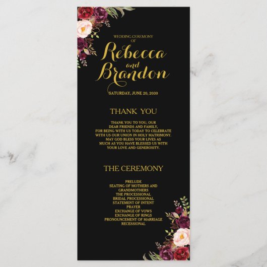 ブルゴーニュフローラブラック金ゴールドカスタムウェディングプログラム プログラム (正面)