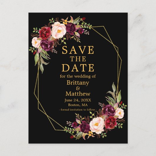 ブルゴーニュフローラブラック金ゴールドジオフレーム日付を保存 ポストカード (正面)