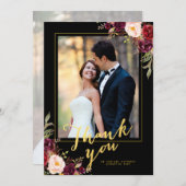 ブルゴーニュフローラブラック金ゴールド結婚スクリプトの写真 サンキューカード (正面/裏面)