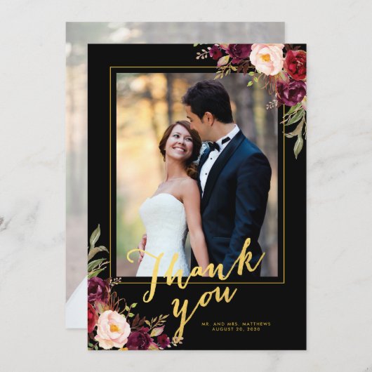ブルゴーニュフローラブラック金ゴールド結婚スクリプトの写真 サンキューカード (正面/裏面)
