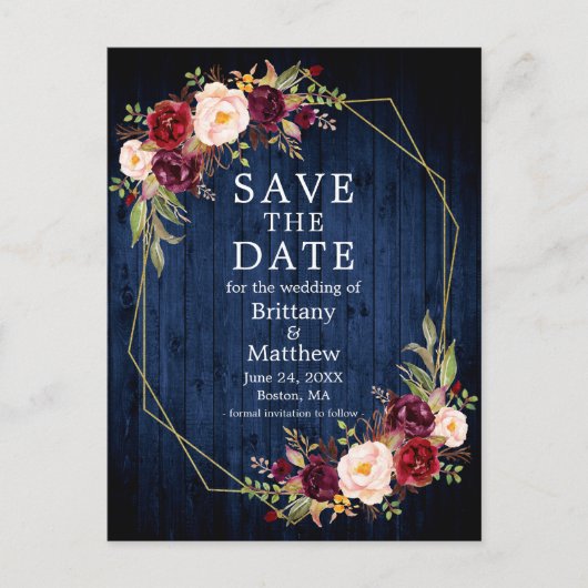 ブルゴーニュフローラブルーウッドのジオフレーム日付を保存 ポストカード (正面)