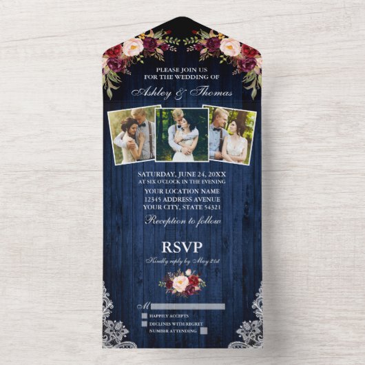 ブルゴーニュフローラブルーウッドレース3写真結婚ズ オールインワン招待状 (内側)