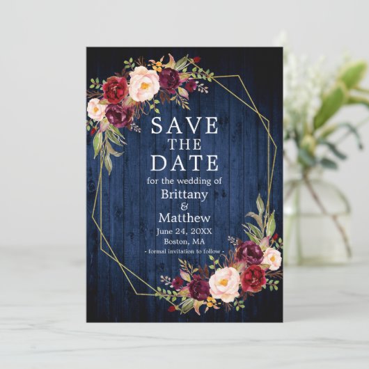 ブルゴーニュフローラブルーウッド金ゴールドジオフレーム セーブザデート (スタンド正面)