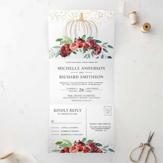 ブルゴーニュフローラホワイトパンプキンオータム秋の結婚式 三つ折り招待状 (内部)