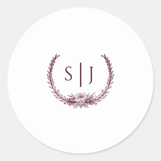 ブルゴーニュフローラホワイトモノグラム結婚のステッカー ラウンドシール (正面)