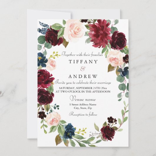 ブルゴーニュフローラリースエレガモダンントウェディング 招待状 (正面)