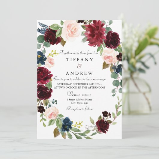 ブルゴーニュフローラリースエレガモダンントウェディング 招待状 (スタンド正面)