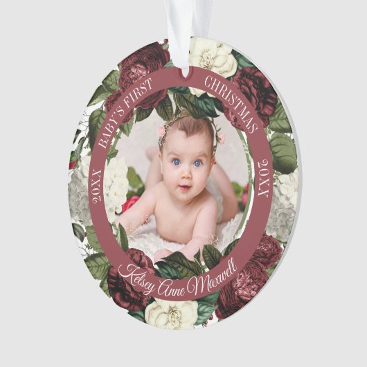 ブルゴーニュフローラリースバビーズ初めてのクリスマス写真 オーナメント (正面)