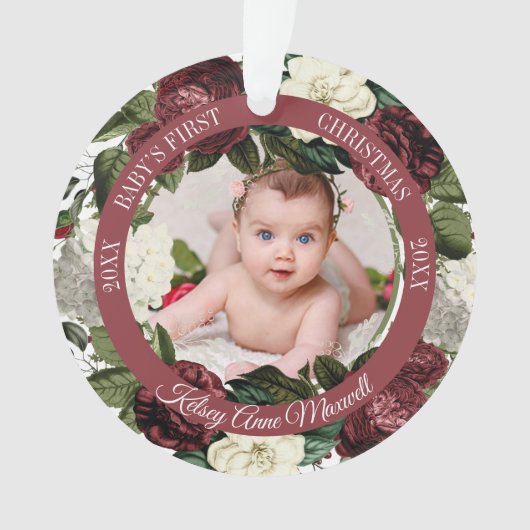 ブルゴーニュフローラリースバビーズ初めてのクリスマス写真 オーナメント (正面)