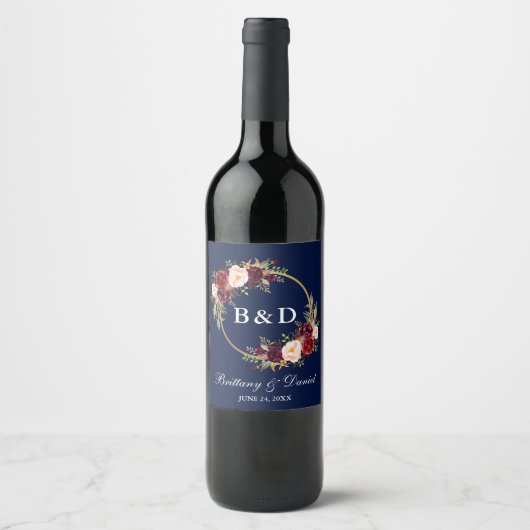 ブルゴーニュフローラリースモノグラムブルー結婚ズ ワインラベル (正面)