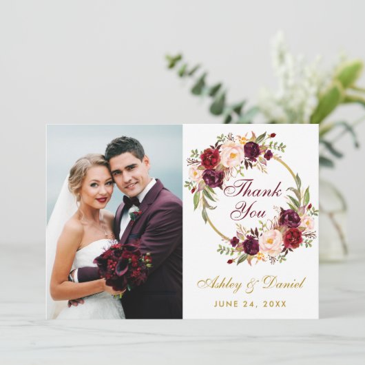 ブルゴーニュフローラリース結婚金ゴールドの感謝してい写真 サンキューカード (スタンド正面)