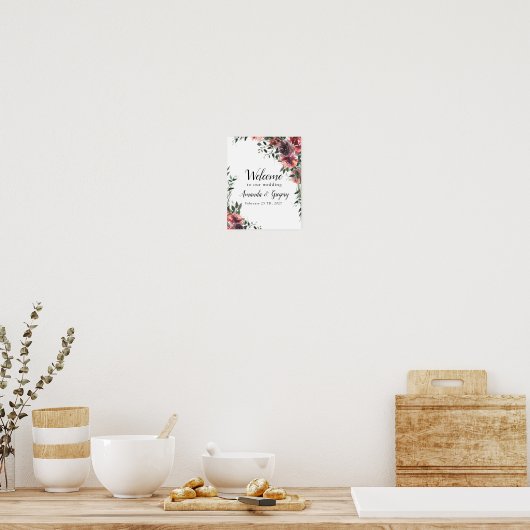 ブルゴーニュフローラリーフ結婚のウェルカムサイン ポスター (キッチン)
