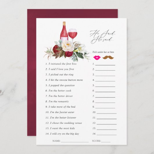 ブルゴーニュフローラワインテイスティングブライダルシャワーゲーム 招待状 (正面/裏面)