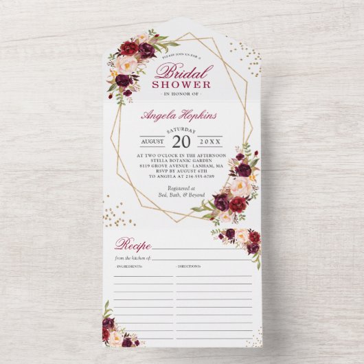 ブルゴーニュフローラ幾何学ブライダルシャワーレシピ オールインワン招待状 (内側)