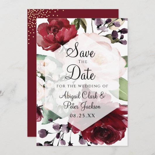 ブルゴーニュフローラ幾何学六角形ベラム セーブザデート (正面/裏面)