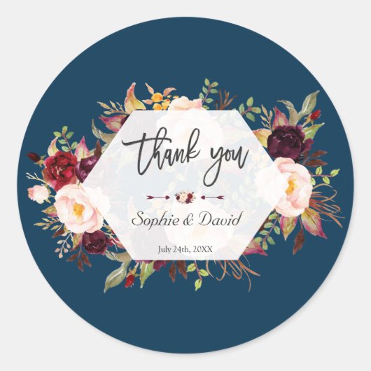 ブルゴーニュフローラ幾何学海軍結婚手書き ラウンドシール (正面)