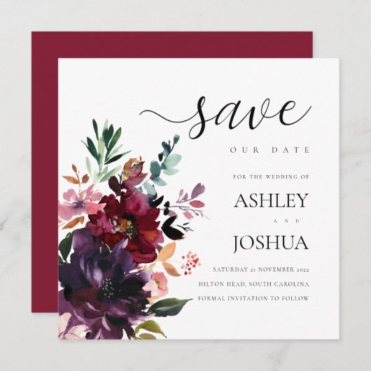 ブルゴーニュフローラ水の色日付を保存 招待状 (正面/裏面)