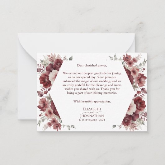 ブルゴーニュフローラ水彩秋の結婚式有難う ノートカード (裏面)