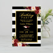 ブルゴーニュフローラ白黒ストライプバースデーパーティー 箔招待状 (立ち正面)