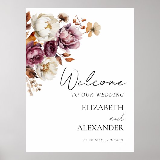 ブルゴーニュフローラ秋の結婚式ウェルカムサイン ポスター (正面)