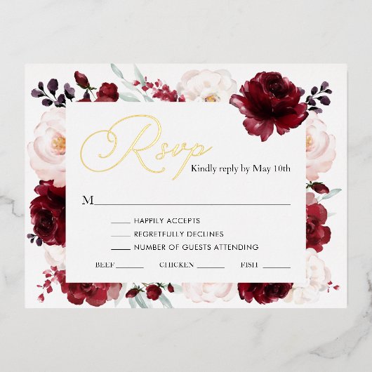 ブルゴーニュフローラ結婚のゴールドフォイルRSVPカード 箔招待状ポストカード (正面)