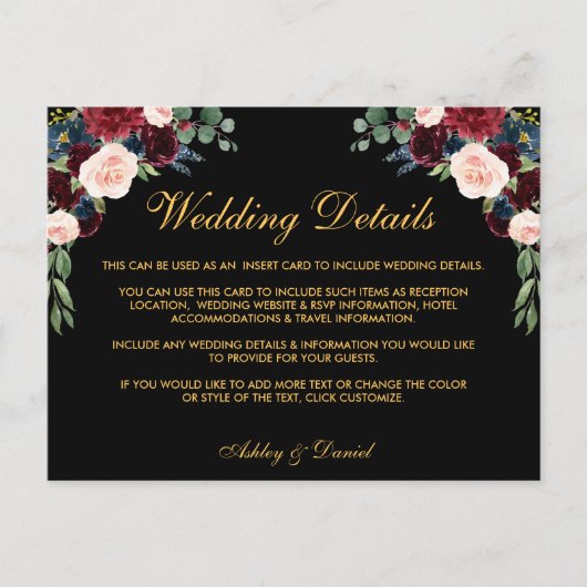 ブルゴーニュフローラ結婚の詳細挿入カードブラック ポストカード (正面)