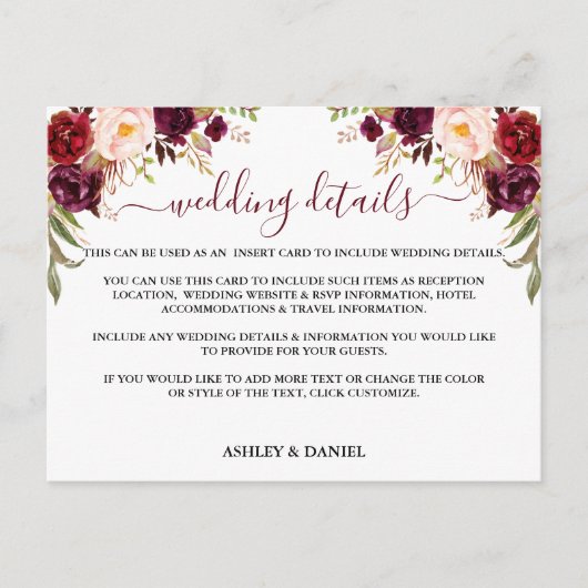 ブルゴーニュフローラ結婚の詳細挿入カード ポストカード (正面)