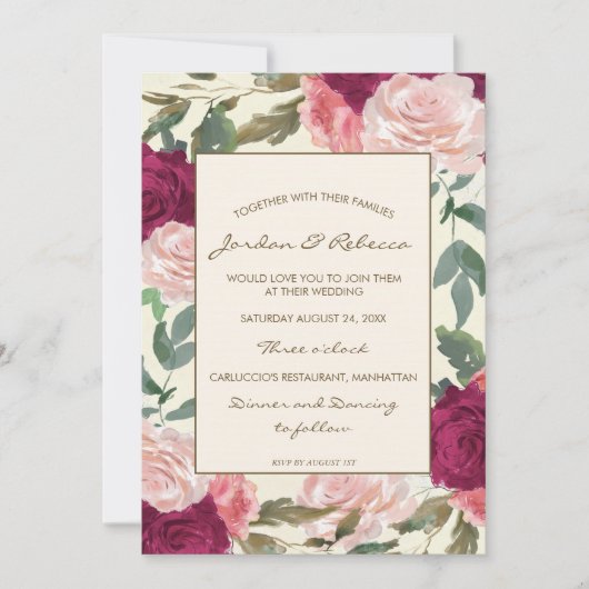 ブルゴーニュフローラ結婚アイボリーまたはシャワーの招待 招待状 (正面)