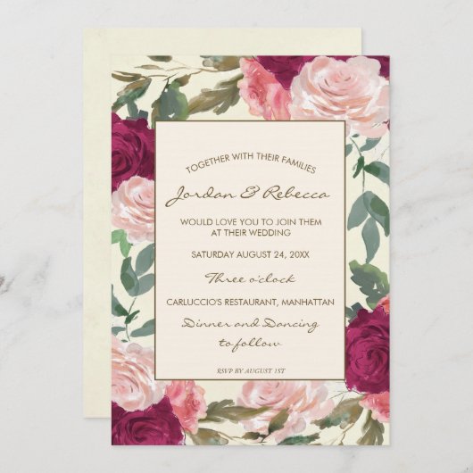 ブルゴーニュフローラ結婚アイボリーまたはシャワーの招待 招待状 (正面/裏面)