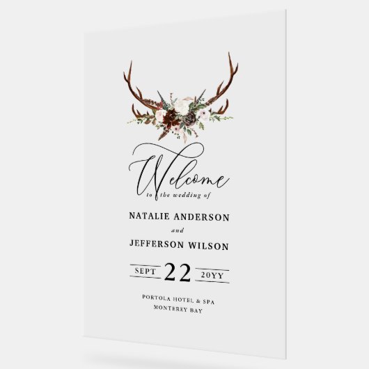 ブルゴーニュフローラ結婚スタッグのエレガント歓迎 アクリルサイン (傾斜)