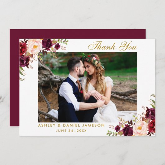 ブルゴーニュフローラ結婚金ゴールドの感謝 サンキューカード (正面/裏面)