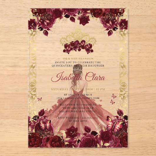 ブルゴーニュフローラ金ゴールドアーチプリンセスキンセアニェラ アクリル招待状 (正面)