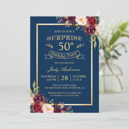 ブルゴーニュフローラ金ゴールドネイビーサプライズ誕生日パーティー 招待状 (スタンド正面)