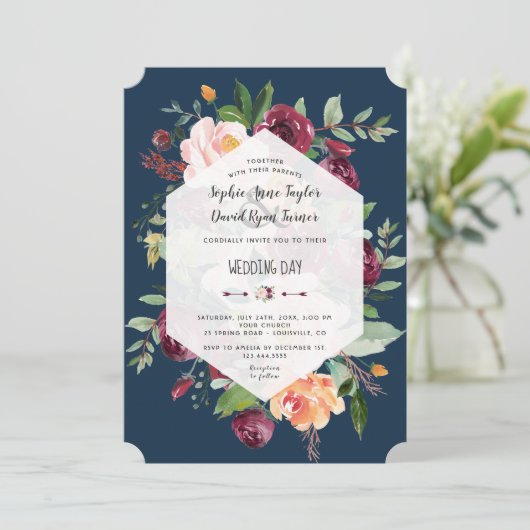 ブルゴーニュフローラ金ゴールドネイビーブルージオメトリック結婚ス 招待状 (スタンド正面)