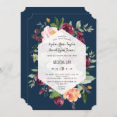 ブルゴーニュフローラ金ゴールドネイビーブルージオメトリック結婚ス 招待状 (正面/裏面)